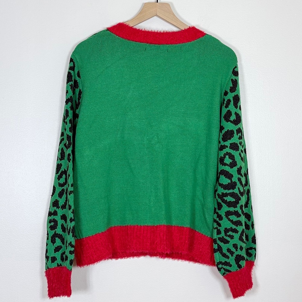 33 Degrees Womens Christmas Cat Cardigan Sweater M Green Leopard Sequin Holiday - Picture 4 of 9